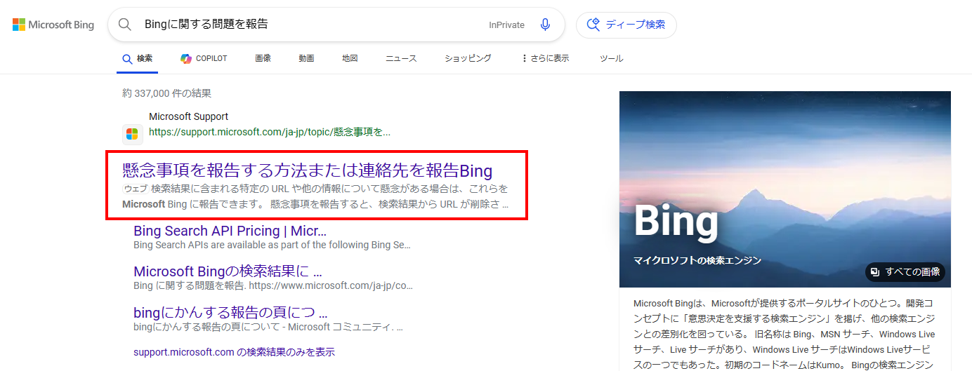 懸念事項を報告する方法または連絡先を報告Bingをクリック